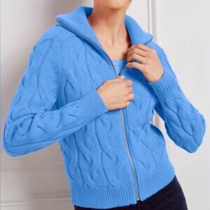 Talbots Thick Chunky Cable knit collared fullzip sweater powder blue old money